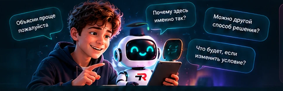 Ученик и робот ReSheem с вопросами: «Объясни проще, пожалуйста», «Почему здесь именно так?», «Можно другой способ решения?», «Что будет, если изменить условие?»